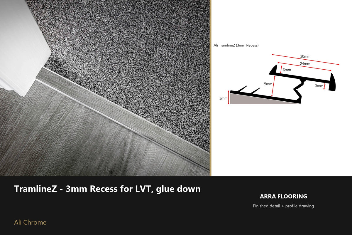 Ali TramlineZ — 3mm Recess for LVT — Ali Chrome finish — profile and section detail