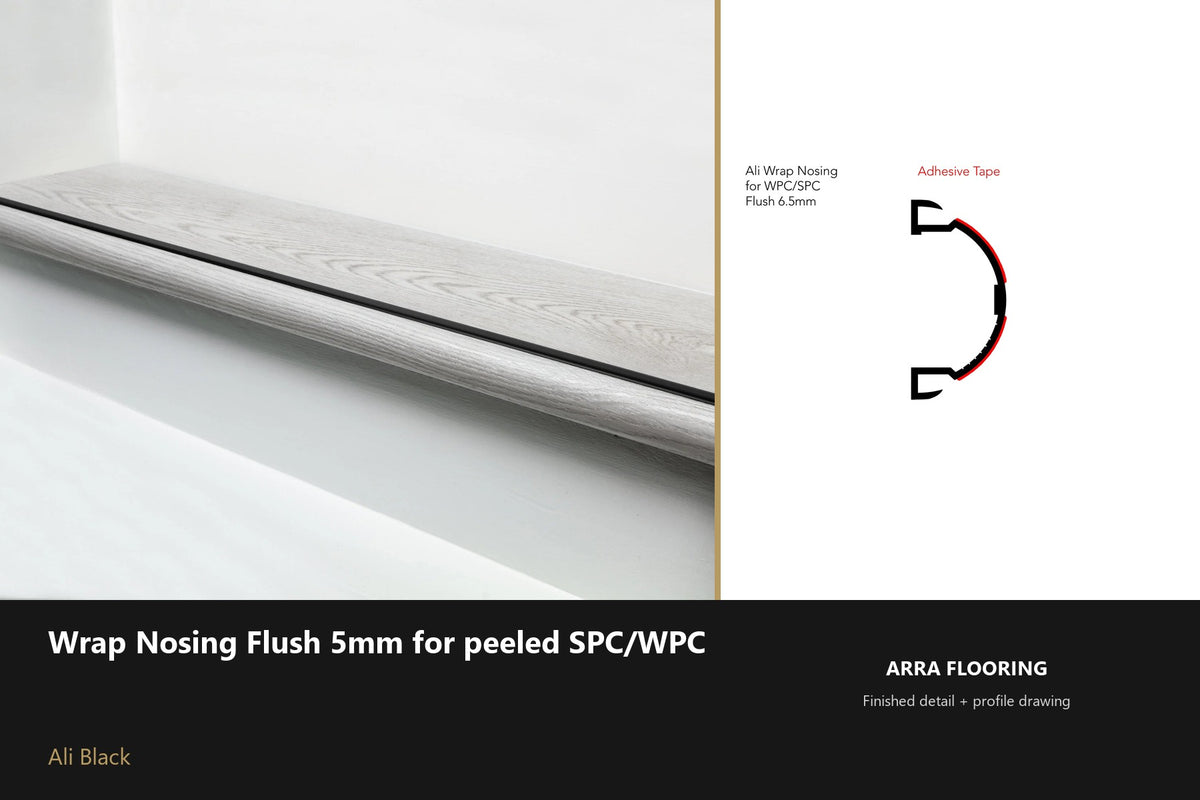 Ali Wrap Nosing Flush — 5mm SPC/WPC — Ali Black finish — profile and section detail