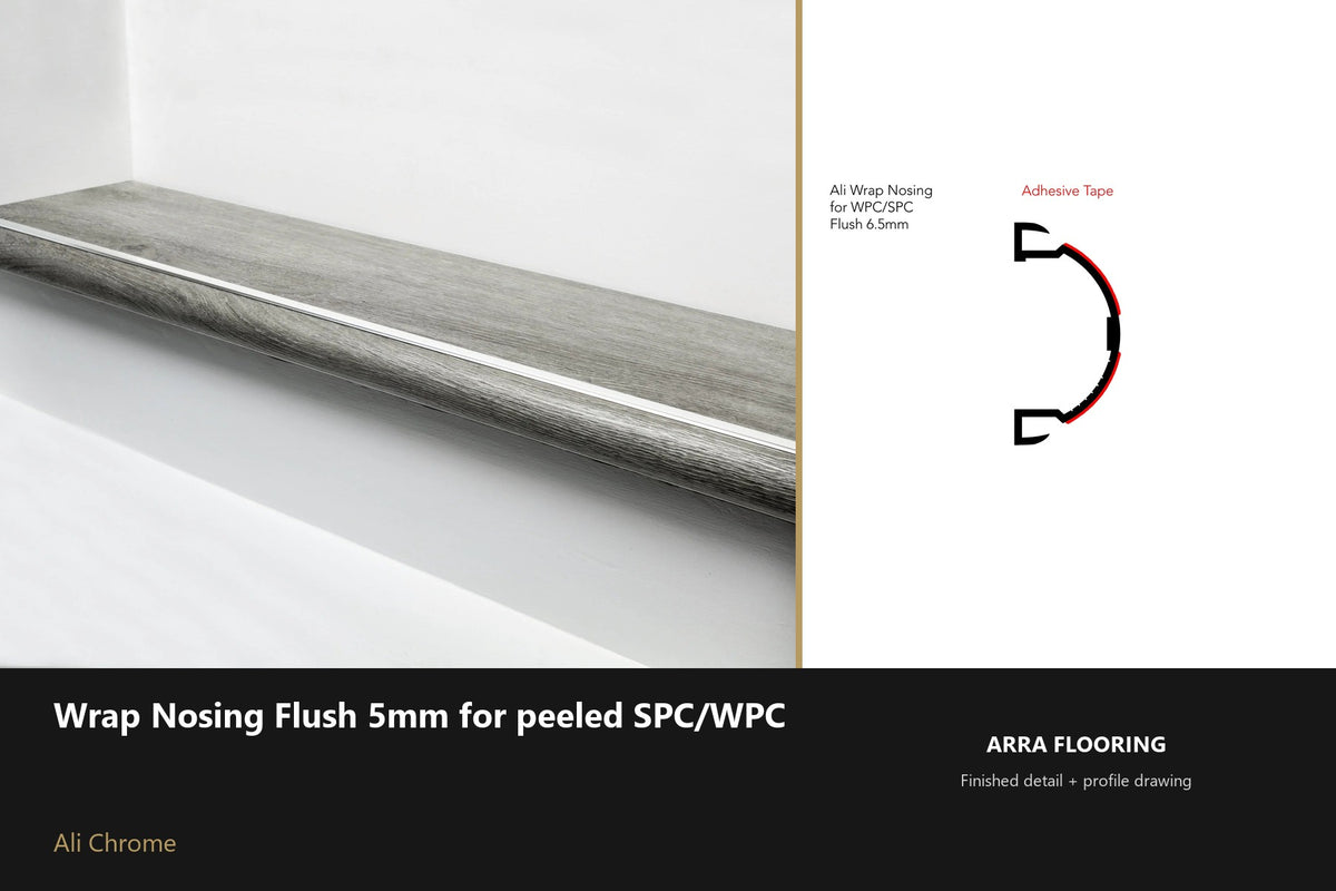 Ali Wrap Nosing Flush — 5mm SPC/WPC — Ali Chrome finish — profile and section detail