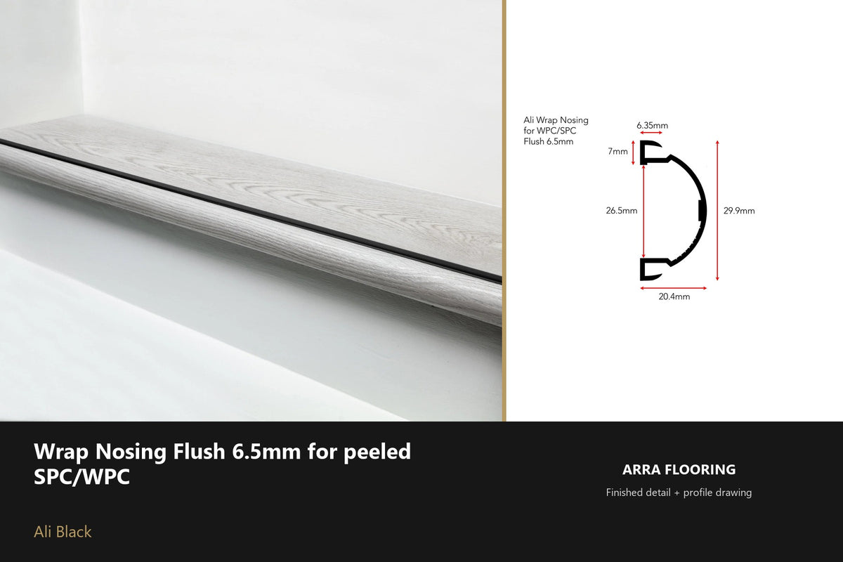 Ali Wrap Nosing Flush — 6.5mm SPC/WPC — Ali Black finish — profile and section detail