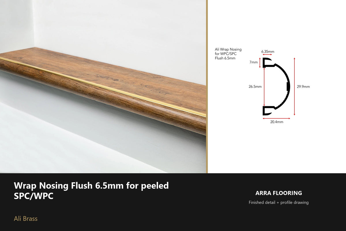 Ali Wrap Nosing Flush — 6.5mm SPC/WPC — Ali Brass finish — profile and section detail