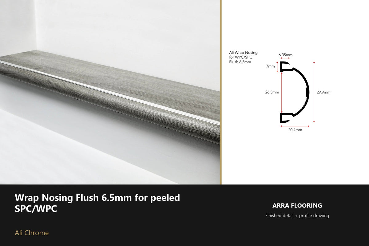 Ali Wrap Nosing Flush — 6.5mm SPC/WPC — Ali Chrome finish — profile and section detail