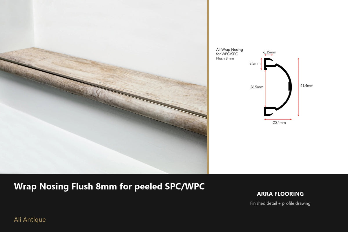 Ali Wrap Nosing Flush — 8mm SPC/WPC — Ali Antique finish — profile and section detail