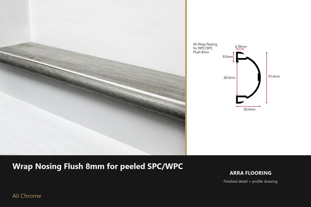 Ali Wrap Nosing Flush — 8mm SPC/WPC — Ali Chrome finish — profile and section detail