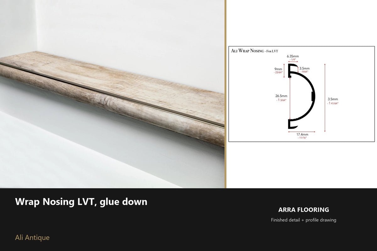 Ali Wrap Nosing for LVT — Ali Antique finish — profile and section detail