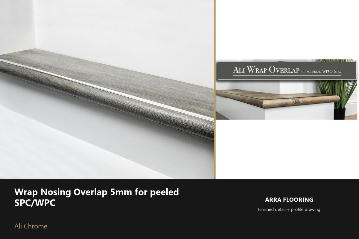 Ali Wrap Nosing Overlap — 5mm SPC/WPC — Ali Chrome finish — profile and section detail