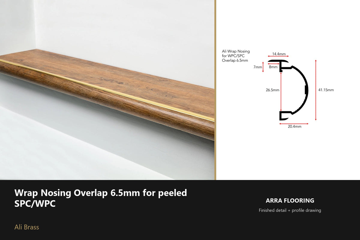 Ali Wrap Nosing Overlap — 6.5mm SPC/WPC — Ali Brass finish — profile and section detail